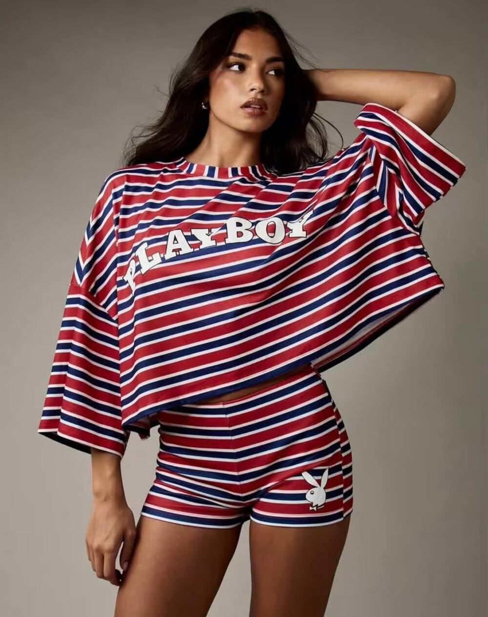 Y2K Style Playboy x Missguided Red White Blue Striped oversized Co-Ord Set Large
